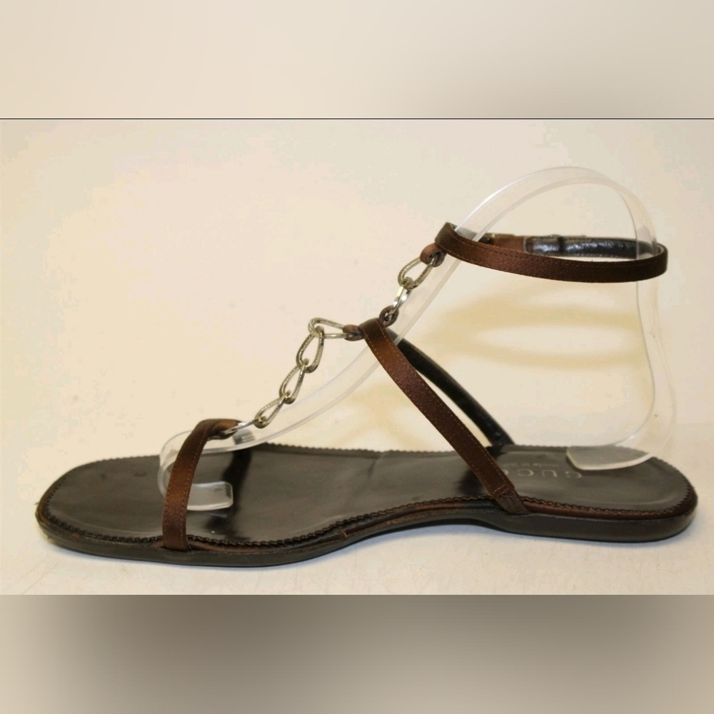 Gucci Sandals 7.5 Italy Made Brown Satin Chain Ankle Strap Shoes - Picture 6 of 14